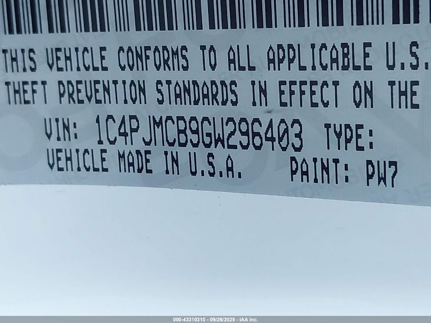 2016 Jeep Cherokee Latitude VIN: 1C4PJMCB9GW296403 Lot: 43310310