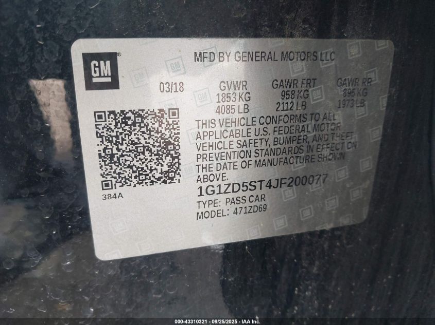 2018 Chevrolet Malibu Lt VIN: 1G1ZD5ST4JF200077 Lot: 43310321