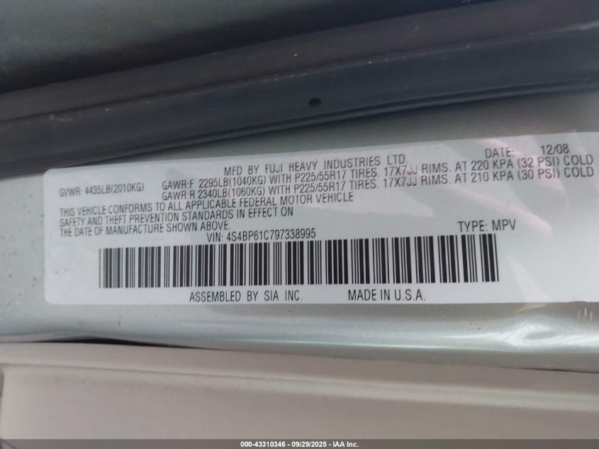2009 Subaru Outback 2.5I VIN: 4S4BP61C797338995 Lot: 43310346