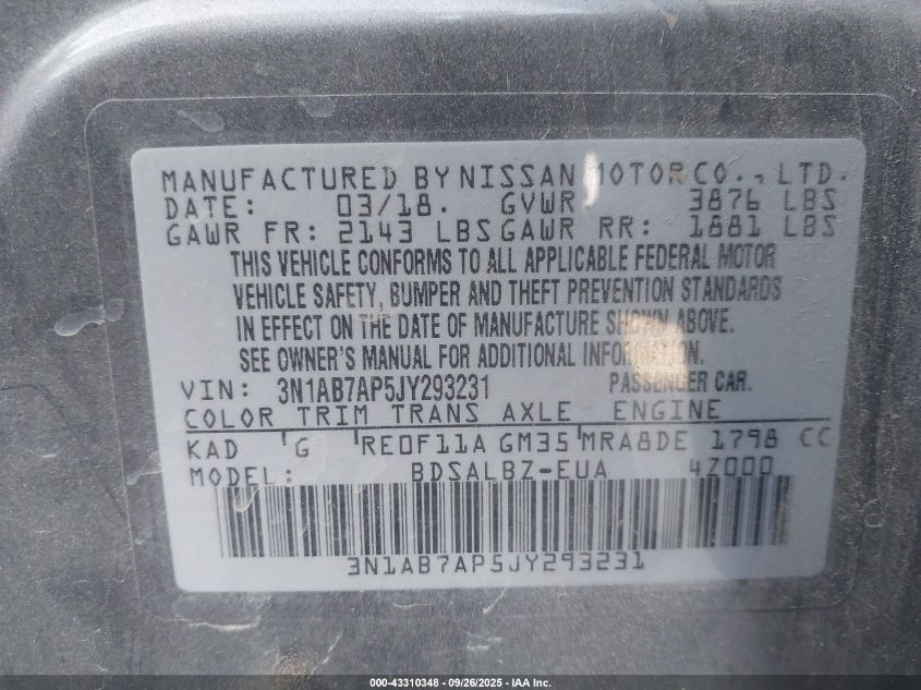 2018 Nissan Sentra S VIN: 3N1AB7AP5JY293231 Lot: 43310348