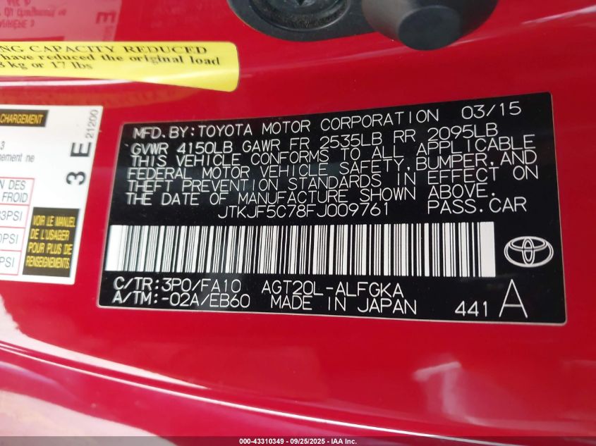 2015 Scion Tc VIN: JTKJF5C78FJ009761 Lot: 43310349