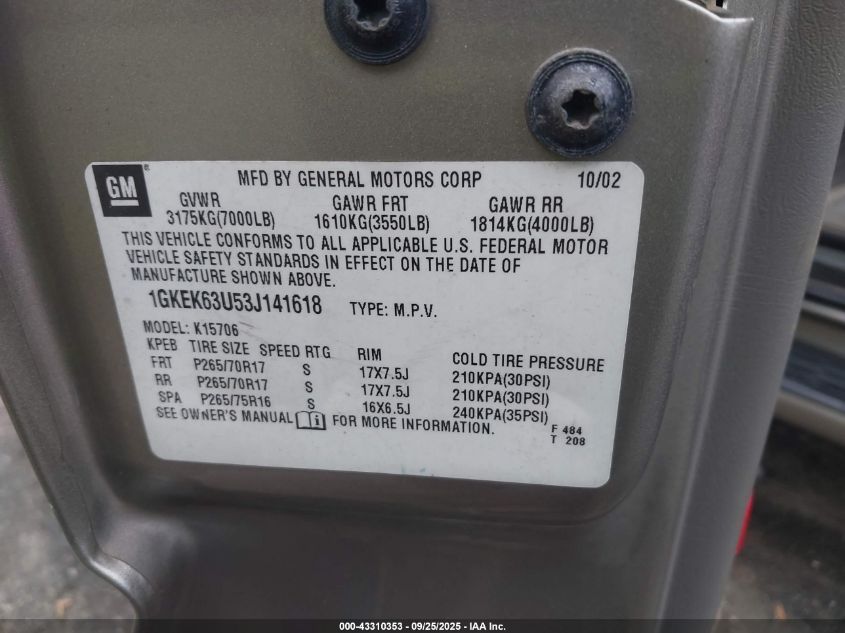 2003 GMC Yukon Denali VIN: 1GKEK63U53J141618 Lot: 43310353