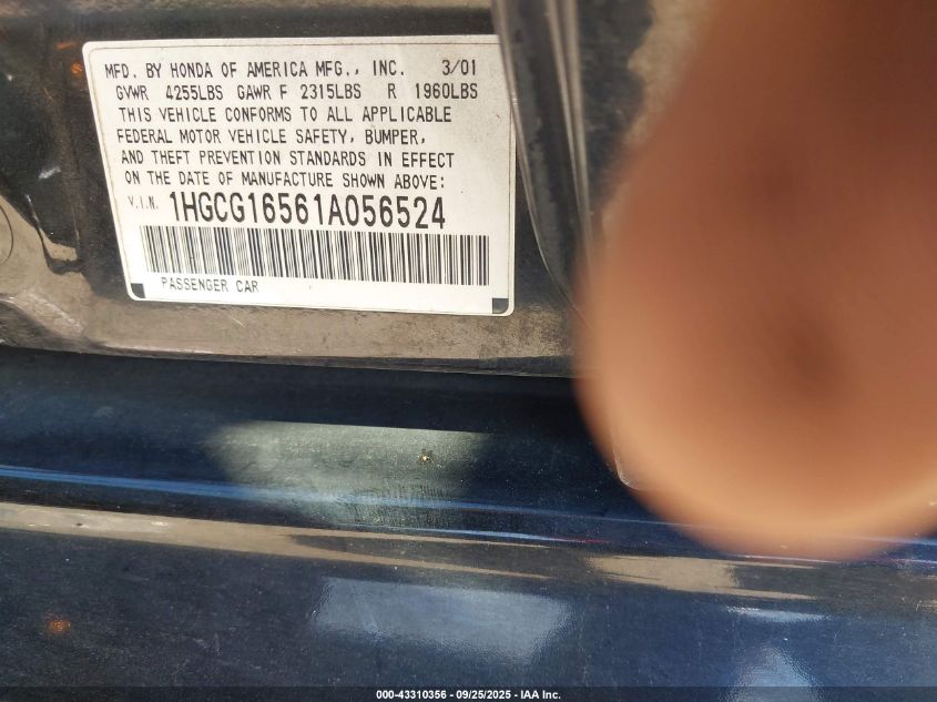 2001 Honda Accord 3.0 Ex VIN: 1HGCG16561A056524 Lot: 43310356