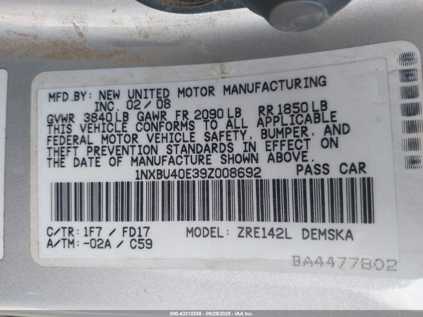 2009 Toyota Corolla S VIN: 1NXBU40E39Z008692 Lot: 43310358