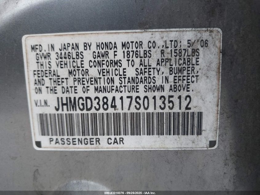 2007 Honda Fit VIN: JHMGD38417S013512 Lot: 43310376