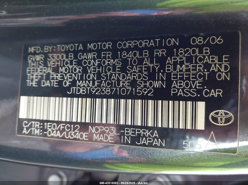 2007 Toyota Yaris VIN: JTDBT923871071592 Lot: 43310383