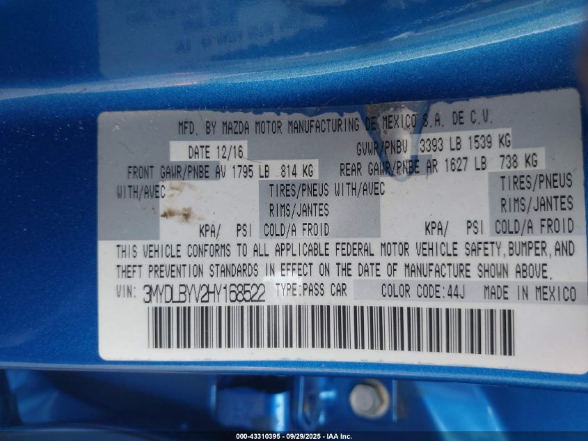 2017 Toyota Yaris Ia VIN: 3MYDLBYV2HY168522 Lot: 43310395