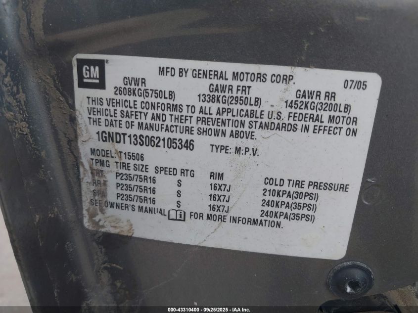 2006 Chevrolet Trailblazer Ls VIN: 1GNDT13S062105346 Lot: 43310400