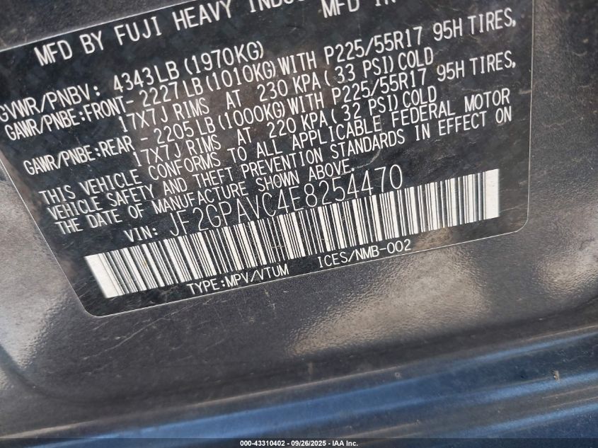 2014 Subaru Xv Crosstrek 2.0I Premium VIN: JF2GPAVC4E8254470 Lot: 43310402