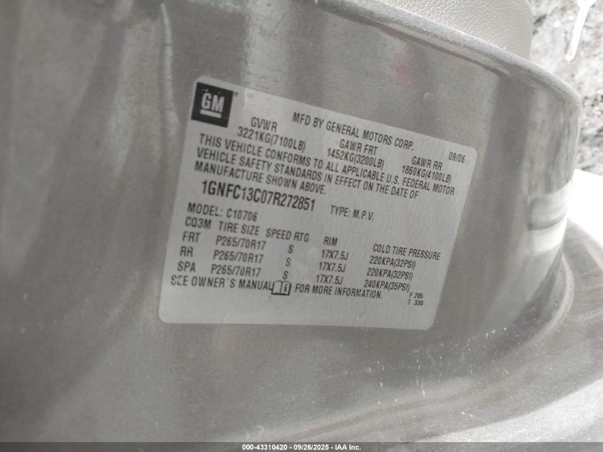 2007 Chevrolet Tahoe Ls VIN: 1GNFC13C07R272851 Lot: 43310420