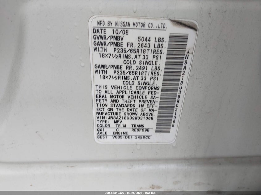 JN8AZ18U39W031068 2009 NISSAN MURANO photo no. 9