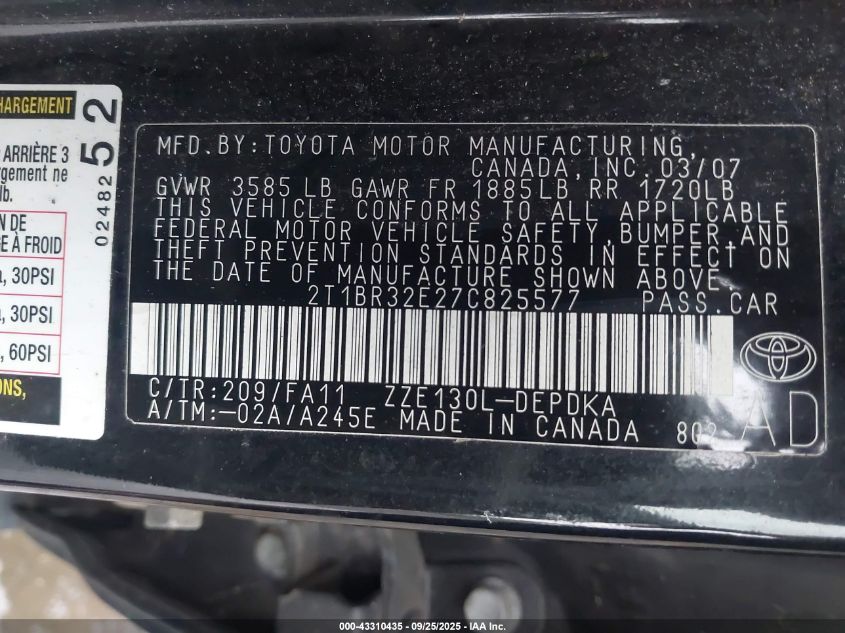 2007 Toyota Corolla Ce VIN: 2T1BR32E27C825577 Lot: 43310435