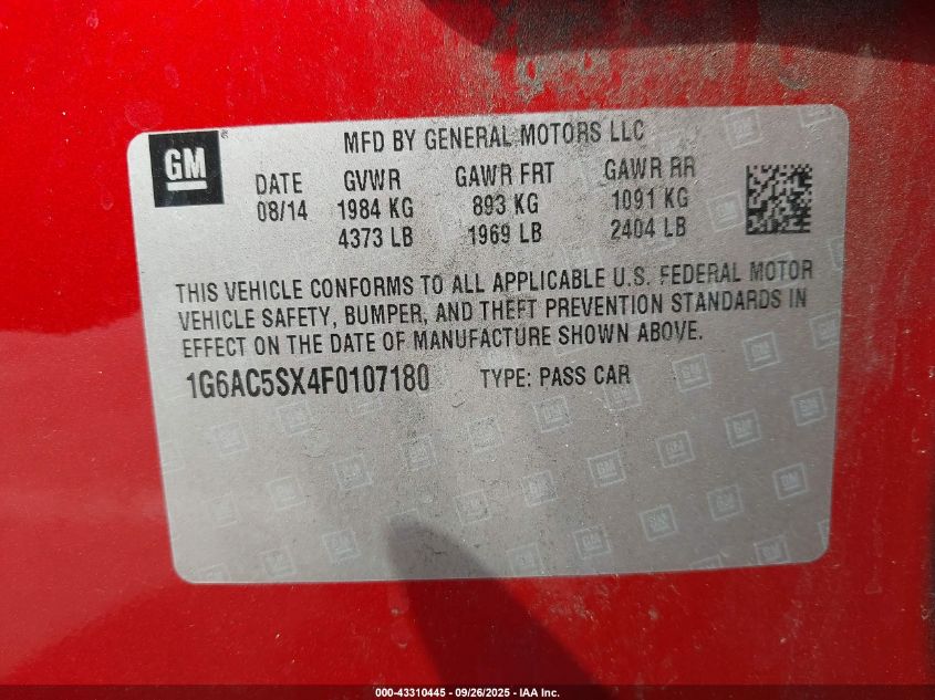 2015 Cadillac Ats Performance VIN: 1G6AC5SX4F0107180 Lot: 43310445