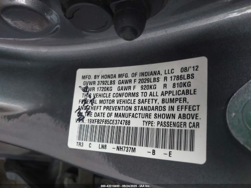 2012 Honda Civic Ex VIN: 19XFB2F85CE374788 Lot: 43310450