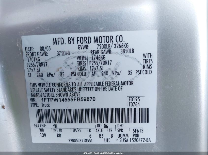 2005 Ford F-150 Fx4/Lariat/Xlt VIN: 1FTPW14555FB59870 Lot: 43310449