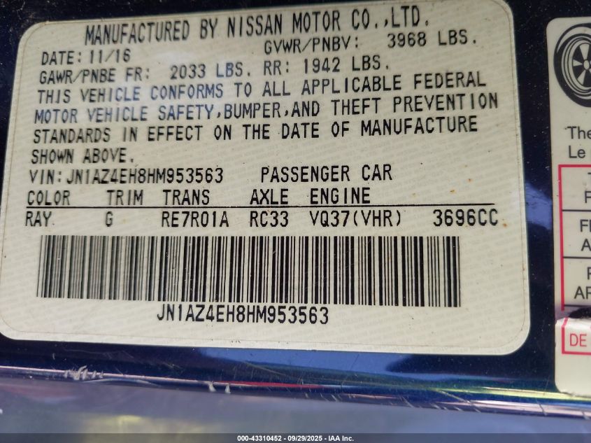 2017 Nissan 370Z VIN: JN1AZ4EH8HM953563 Lot: 43310452