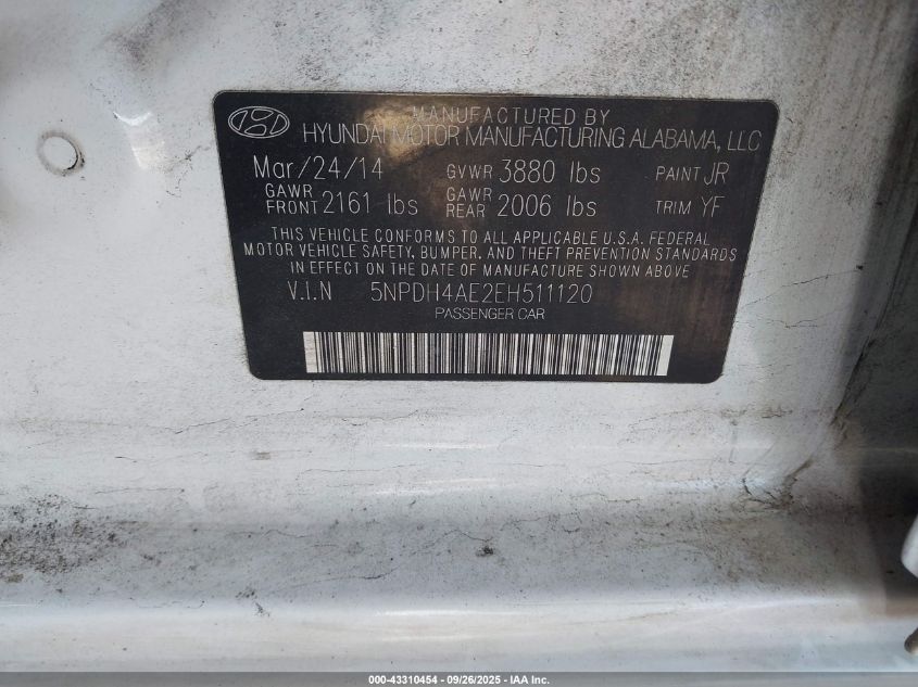 2014 Hyundai Elantra Se VIN: 5NPDH4AE2EH511120 Lot: 43310454