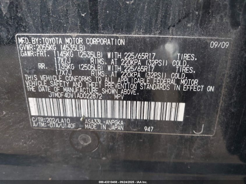 2010 Toyota Rav4 Limited VIN: JTMDF4DV1AD022872 Lot: 43310458