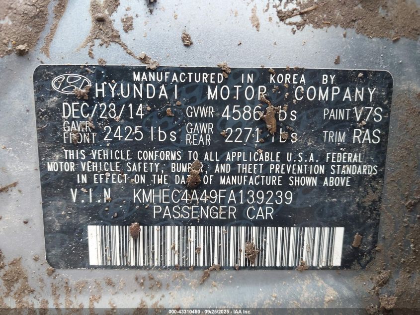 2015 Hyundai Sonata Hybrid VIN: KMHEC4A49FA139239 Lot: 43310460