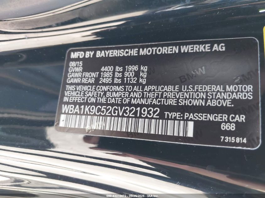 2016 BMW 228I VIN: WBA1K9C52GV321932 Lot: 43310472