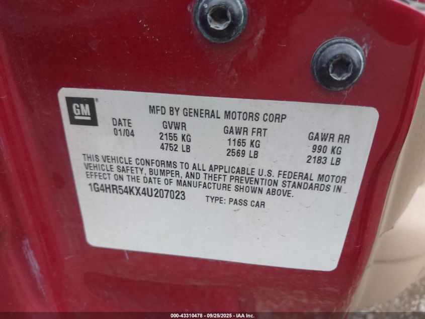 2004 Buick Lesabre Limited VIN: 1G4HR54KX4U207023 Lot: 43310478