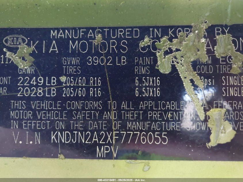 2015 Kia Soul VIN: KNDJN2A2XF7776055 Lot: 43310491