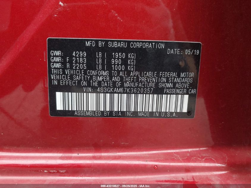 2019 Subaru Impreza 2.0I Sport VIN: 4S3GKAM67K3620357 Lot: 43310527