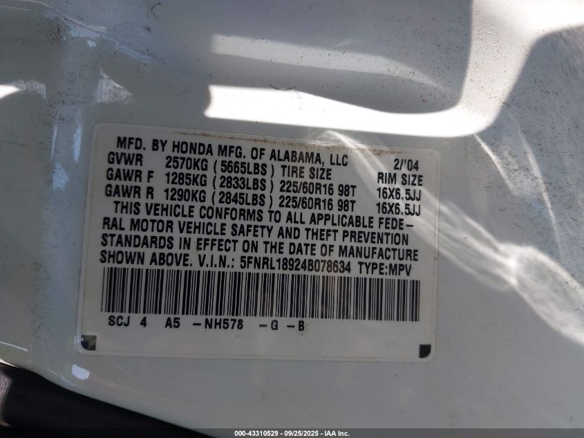 2004 Honda Odyssey Ex-L VIN: 5FNRL18924B078634 Lot: 43310529