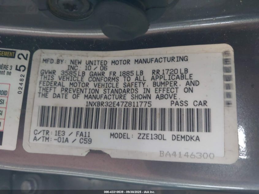 2007 Toyota Corolla Ce VIN: 1NXBR32E47Z811775 Lot: 43310539