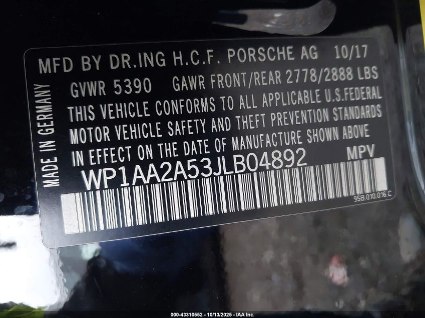2018 Porsche Macan VIN: WP1AA2A53JLB04892 Lot: 43310552