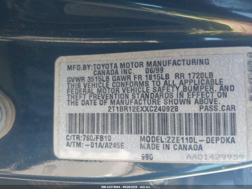 1999 Toyota Corolla Ve/Ce/Le VIN: 2T1BR12EXXC240928 Lot: 43310564