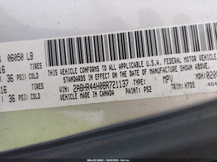 2008 Chrysler Town & Country Lx VIN: 2A8HR44H08R721137 Lot: 43310565