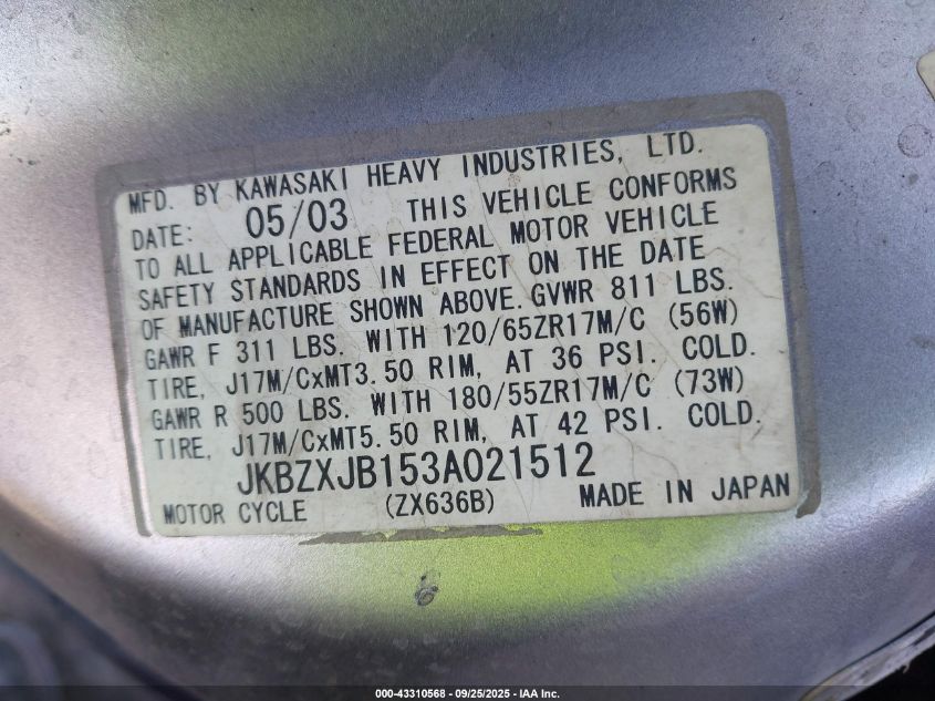 2003 Kawasaki Zx636 B1 VIN: JKBZXJB153A021512 Lot: 43310568