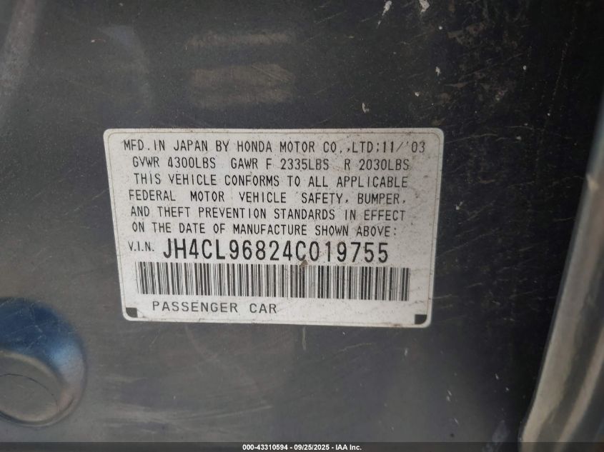 2004 Acura Tsx VIN: JH4CL96824C019755 Lot: 43310594