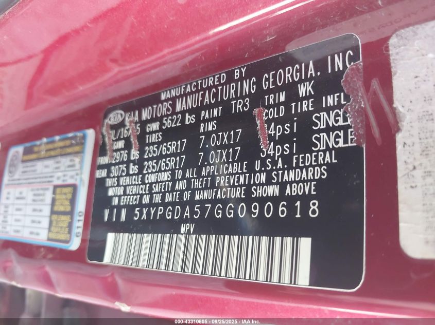 2016 Kia Sorento 3.3L Lx VIN: 5XYPGDA57GG090618 Lot: 43310605