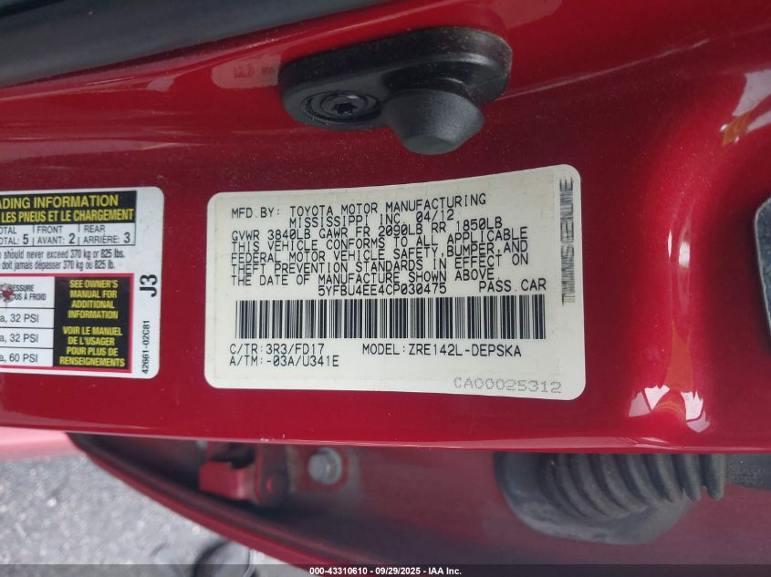 2012 Toyota Corolla S VIN: 5YFBU4EE4CP030475 Lot: 43310610