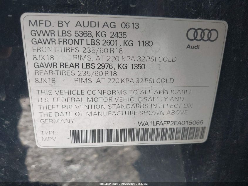 2014 Audi Q5 2.0T Premium VIN: WA1LFAFP2EA015066 Lot: 43310625