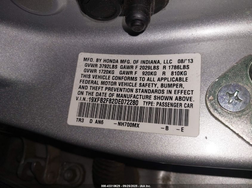 2013 Honda Civic Ex VIN: 19XFB2F82DE072280 Lot: 43310629