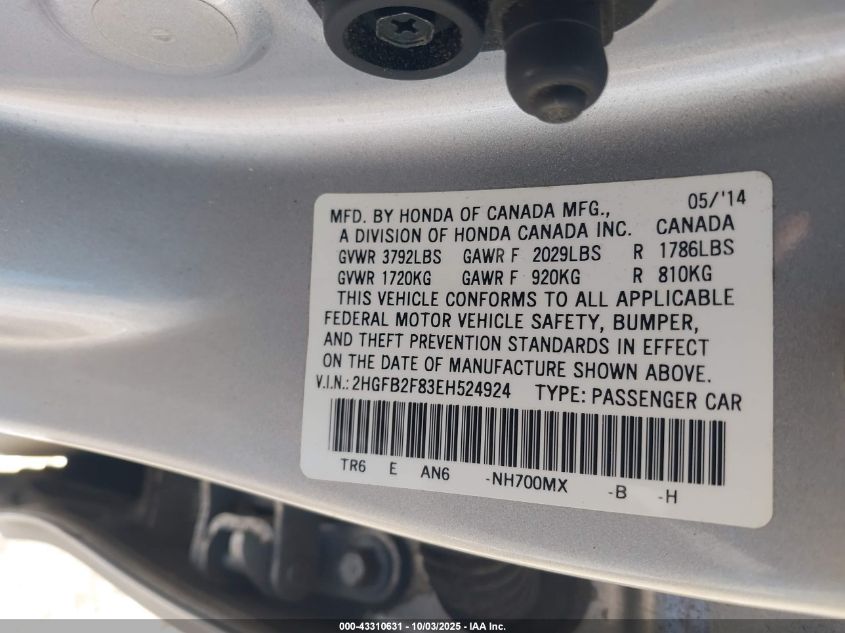 2014 Honda Civic Ex VIN: 2HGFB2F83EH524924 Lot: 43310631