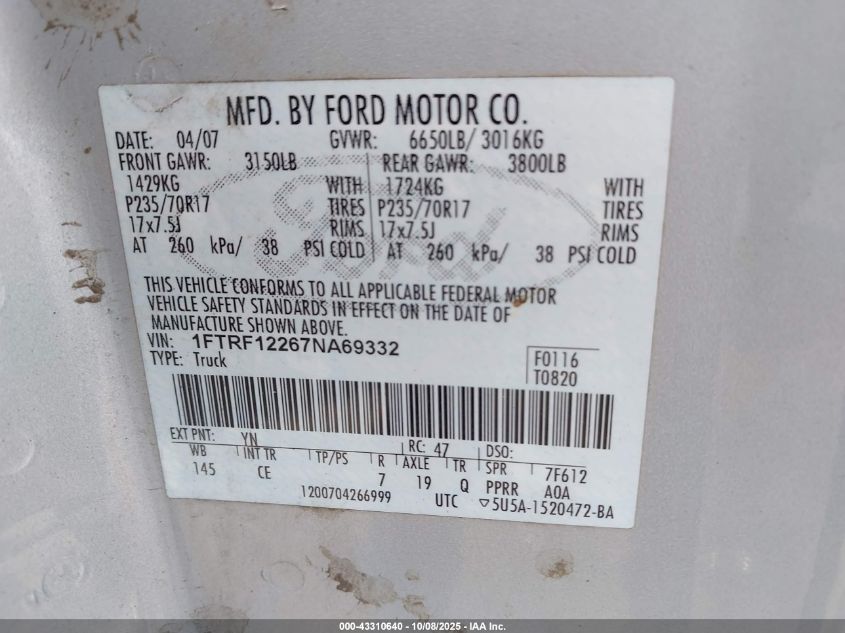 2007 Ford F-150 Stx/Xl/Xlt VIN: 1FTRF12267NA69332 Lot: 43310640