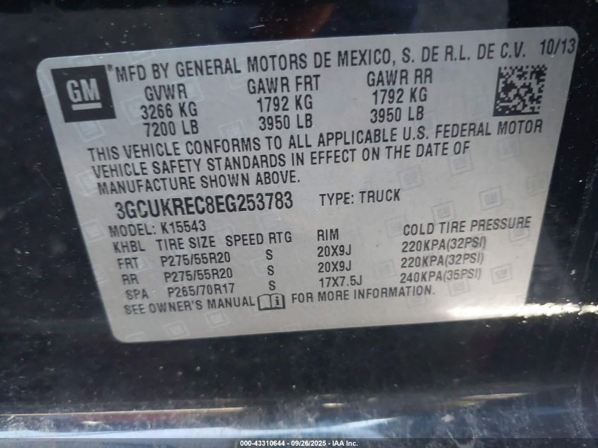 2014 Chevrolet Silverado 1500 1Lt VIN: 3GCUKREC8EG253783 Lot: 43310644