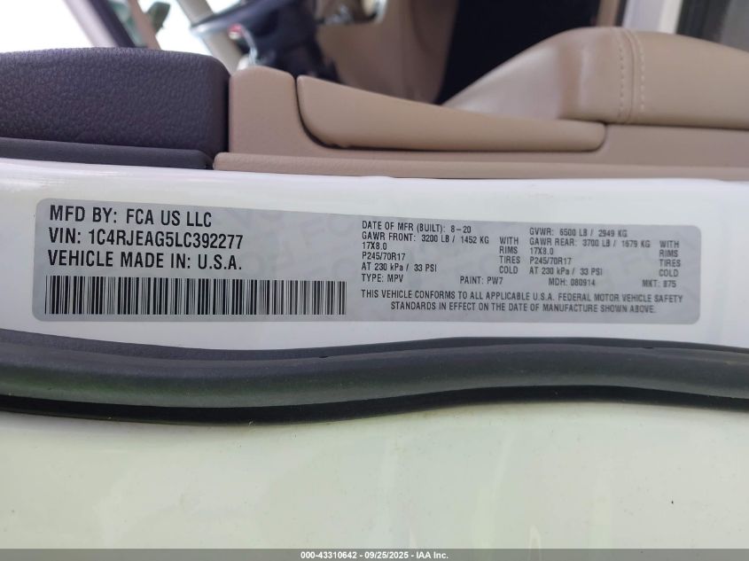 2020 Jeep Grand Cherokee Laredo E 4X2 VIN: 1C4RJEAG5LC392277 Lot: 43310642