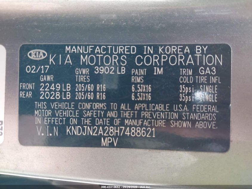 2017 Kia Soul VIN: KNDJN2A28H7488621 Lot: 43310652