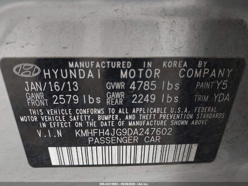 2013 Hyundai Azera VIN: KMHFH4JG9DA247602 Lot: 43310653