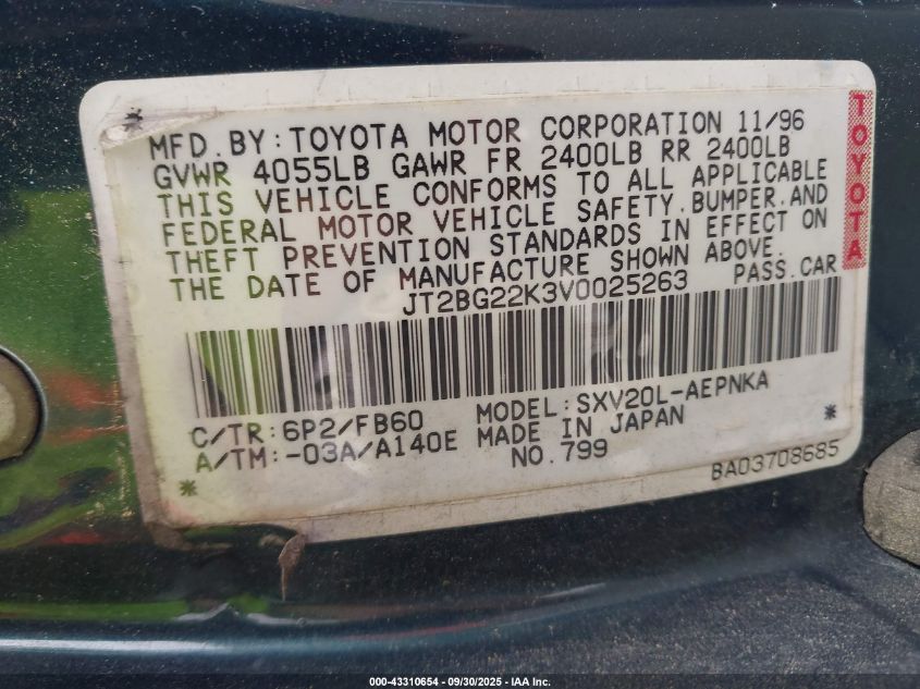 1997 Toyota Camry Le VIN: JT2BG22K3V0025263 Lot: 43310654