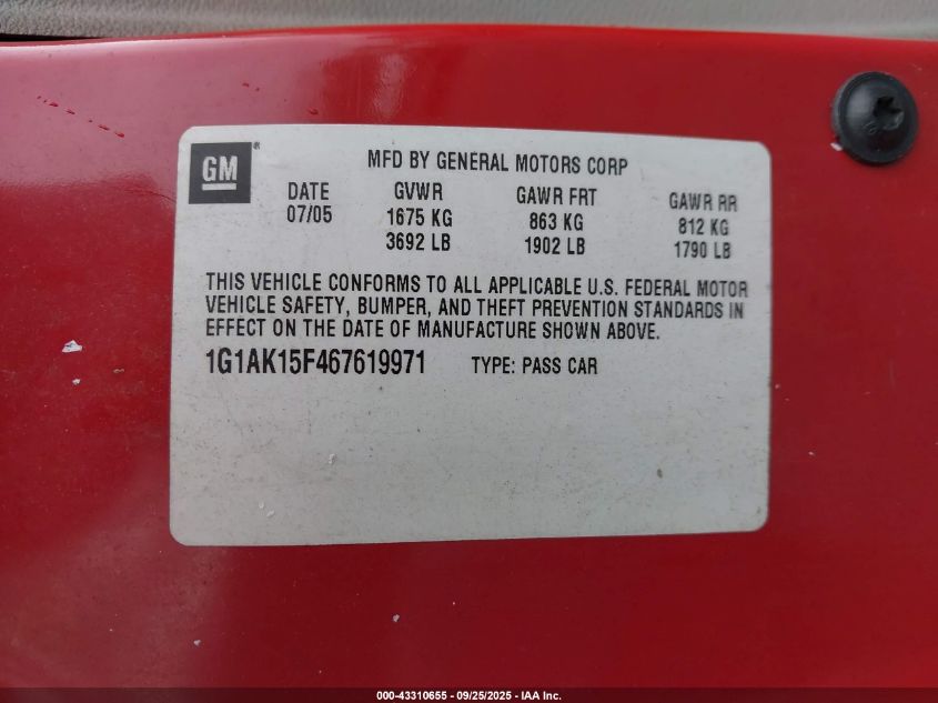 2007 Chevrolet Cobalt Ls VIN: 1G1AK18F977349441 Lot: 43310655