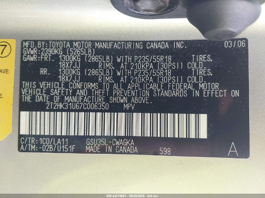 2007 Lexus Rx 350 VIN: 2T2HK31U67C006350 Lot: 43310657