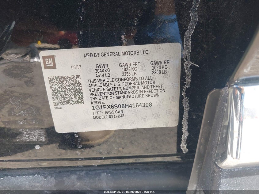 2017 CHEVROLET BOLT EV PREMIER 1G1FX6S08H4164308