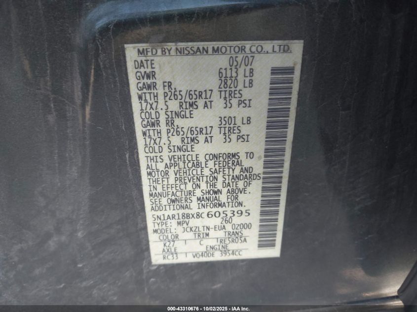 2008 Nissan Pathfinder Se VIN: 5N1AR18BX8C605395 Lot: 43310676