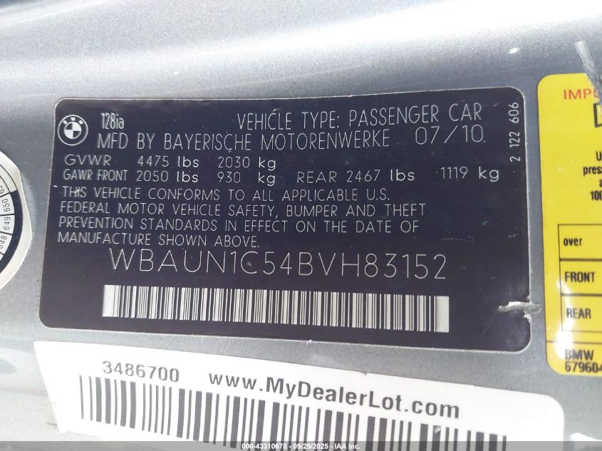 2011 BMW 128I VIN: WBAUN1C54BVH83152 Lot: 43310678